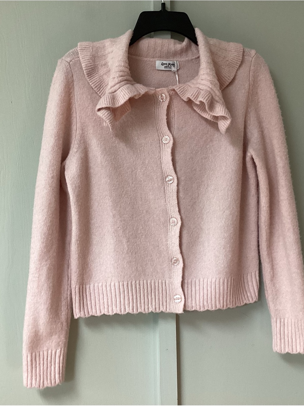 Love Knits NYC Women’s Sweater Size Medium Blush Pink Button Ruffle Neck New
